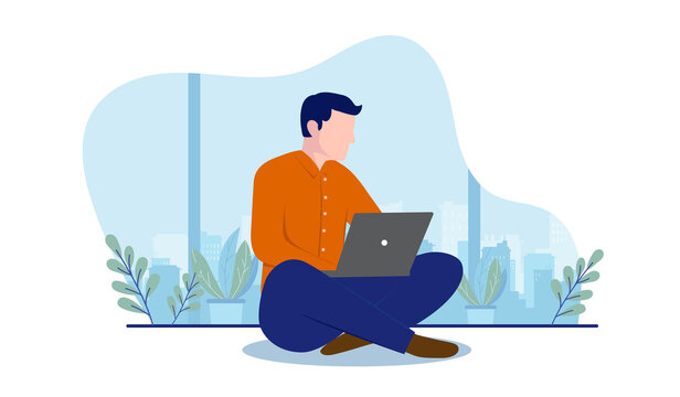 recommend clip art: Sitting on floor with laptop - Male person with computer in lap working in casual clothing. Flat design vector illustration