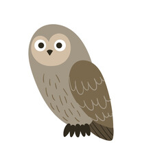 Wild brown owl. Dark brown bird coloring, camouflage feathers, wildlife and fauna. Characters for childrens, stickers and badges. Cartoon flat vector illustrations isolated on white background