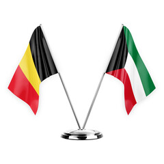 Two table flags isolated on white background 3d illustration, belgium and kuwait