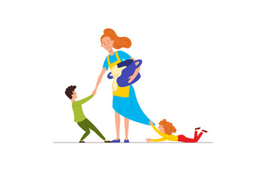Difficultes of motherhood. Children play with mother. Person very tired. Owner trying to catch everything. Woman preparing dinner and watching children, routine. Cartoon flat vector illustration