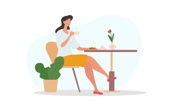 Woman drink coffee. Character resting from work in cafeteria. lunch break, visitor to restaurant or coffee shop. Invigorating drink in morning, energy, caffeine. Cartoon flat vector illustration