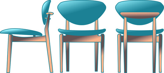 Blue soft wooden chair. Three types: front, back, side. Vector color illustration.