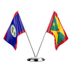 Two table flags isolated on white background 3d illustration, belize and grenada