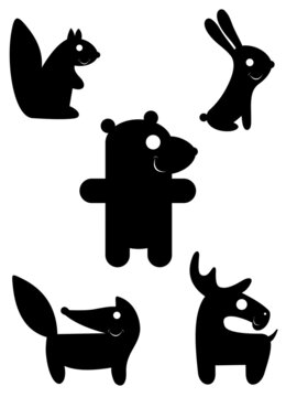 Cartoon funny animal silhouettes isolated illustration. Comic cartoon funny animals set for design black on white illustration