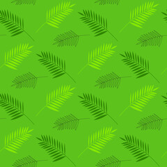 Seamless pattern, green and light green palm branches on a green background, flat vector