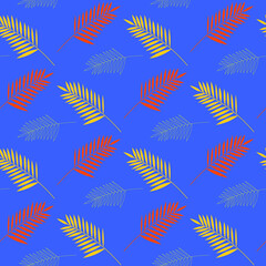 Seamless pattern, orange and yellow palm branches on a blue background, flat vector