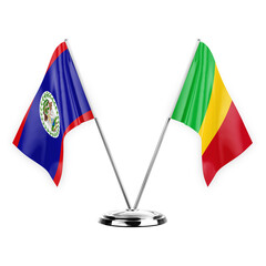 Two table flags isolated on white background 3d illustration, belize and mali