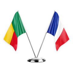 Two table flags isolated on white background 3d illustration, benin and france