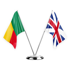 Two table flags isolated on white background 3d illustration, benin and britain