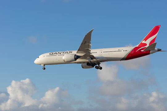 Los Angeles, California, USA - December 19, 2021: this image shows Quantas Boeing 787-9 Dreamliner with registration VH-ZNK arriving at LAX, Los Angeles International Airport.
