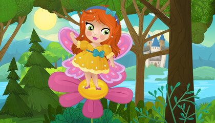 Naklejka premium cartoon scene with nature forest princess and castle