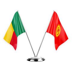 Two table flags isolated on white background 3d illustration, benin and kyrgyzstan