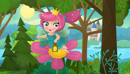 cartoon scene with nature forest princess and castle