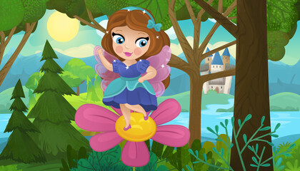 Naklejka premium cartoon scene with nature forest princess and castle