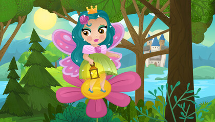 Naklejka premium cartoon scene with nature forest princess and castle