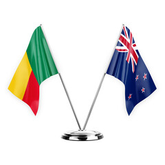 Two table flags isolated on white background 3d illustration, benin and new zealand