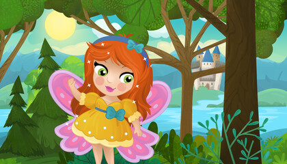 cartoon scene with nature forest princess and castle
