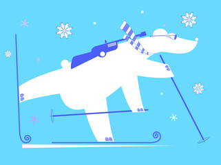 Cartoon biathlon competitor bear illustration.
Skiing biathlon competitor polar bear white on blue background
