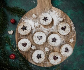 Linzer cookies on wooden  background