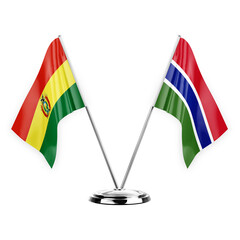 Two table flags isolated on white background 3d illustration, bolivia and gambia