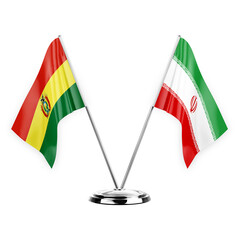 Two table flags isolated on white background 3d illustration, bolivia and iran