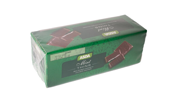 Norwich, Norfolk, UK – December 2021. A box of Asda branded Mint Thins after dinner mint chocolates cut out isolated on a plain white background