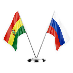 Two table flags isolated on white background 3d illustration, bolivia and russia