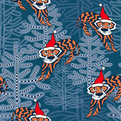 Fototapeta na wymiar Holiday seamless pattern with Christmas tiger in red cap in coniferous forest with Christmas trees. Animal of 2022 Chinese New Year. Wrapping paper, textile, fabric, package, postcard, poster.