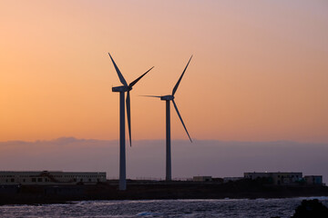 View of two wind farms at sunset.