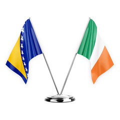 Two table flags isolated on white background 3d illustration, bosnia and ireland