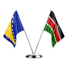 Two table flags isolated on white background 3d illustration, bosnia and kenya