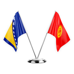 Two table flags isolated on white background 3d illustration, bosnia and kyrgyzstan