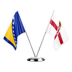 Two table flags isolated on white background 3d illustration, bosnia and ireland