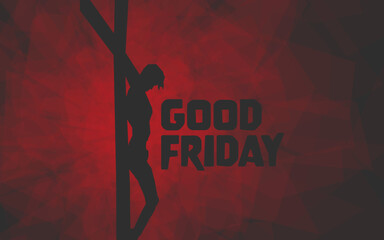 Good Friday stylized text with dark gray silhouetted image of the Crucifixion of Jesus Christ on red geometric background.