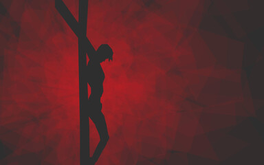 Gray and red geometric silhouette image of the Crucifixion of Jesus Christ with dark red background.