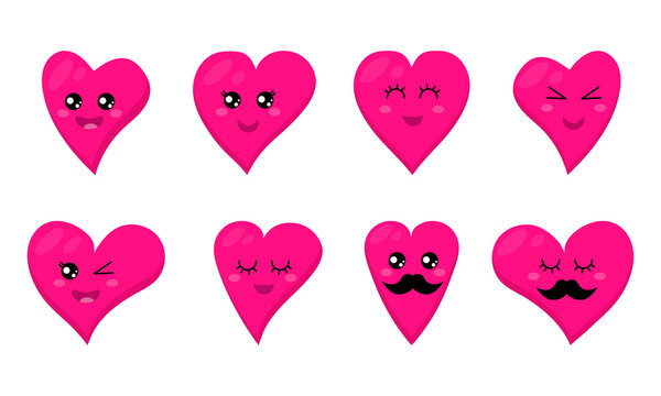 Funny happy heart emoticons, love emoji. Cute cartoon characters. Bright vector set of heart icons