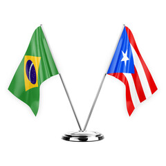 Two table flags isolated on white background 3d illustration, brazil and puerto rico