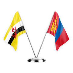 Two table flags isolated on white background 3d illustration, brunei and mongolia