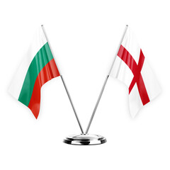 Two table flags isolated on white background 3d illustration, bulgaria and england