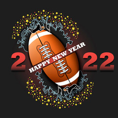 Happy new year. 2022 with football ball, player and fans. Original template design for greeting card, banner, poster. Vector illustration on isolated background