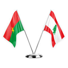 Two table flags isolated on white background 3d illustration, burkina faso and lebanon