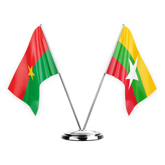 Two table flags isolated on white background 3d illustration, burkina faso and myanmar