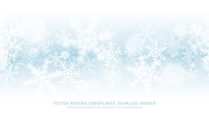 Vector Modern Snowflakes Seamless Border Vector Light Blue Abstract Background. Winter Decoration Soft Elegant Snow Endless Pattern Wide Wallpaper. Christmastime Noel And New Year Eve Art Illustration