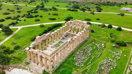 Selinunte, Sicily, Italy. Acropolis of Selinunte on the south coast of Sicily in Italy. Aerial view from drone.