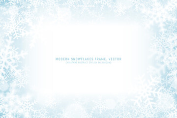 Modern Snowflakes Frame Vector Christmas Abstract Stylish Light Blue Background. Winter Decoration Swirl Snow Effect Abstract Stylish Wallpaper. Christmastime Noel And New Year Eve Art Illustration