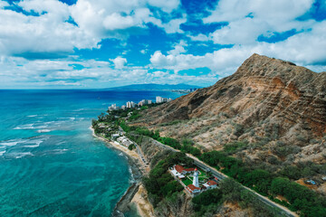 Aerial view of turquoise blue clear waters and Diamond Head in Honolulu, Hawaii, USA 