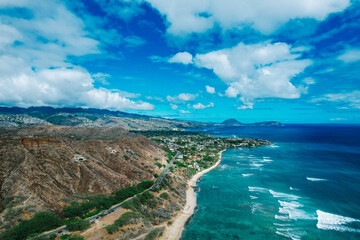 Aerial view of turquoise blue clear waters and Diamond Head in Honolulu, Hawaii, USA 