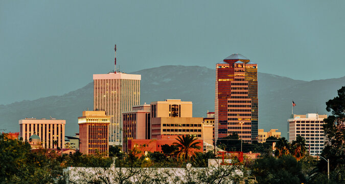 Tucson Arizona city skyline in downtown at dusk.