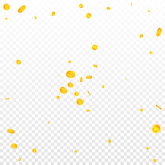Chinese yuan coins falling. Alive scattered CNY coins. China money. Delicate jackpot, wealth or success concept. Vector illustration.