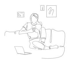 Young woman or girl using smartphone writes or speaks at home. Woman with laptop and smartphone sits on the sofa, drawing in outline contour style. Communication concept.Vector illustration